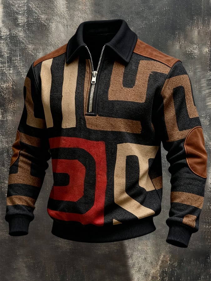 Sudadera vintage Color-Block estampado con cierre para hombre