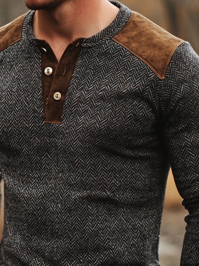 Camisa retro casual Herringbone Colorblock de manga larga Henley para hombre