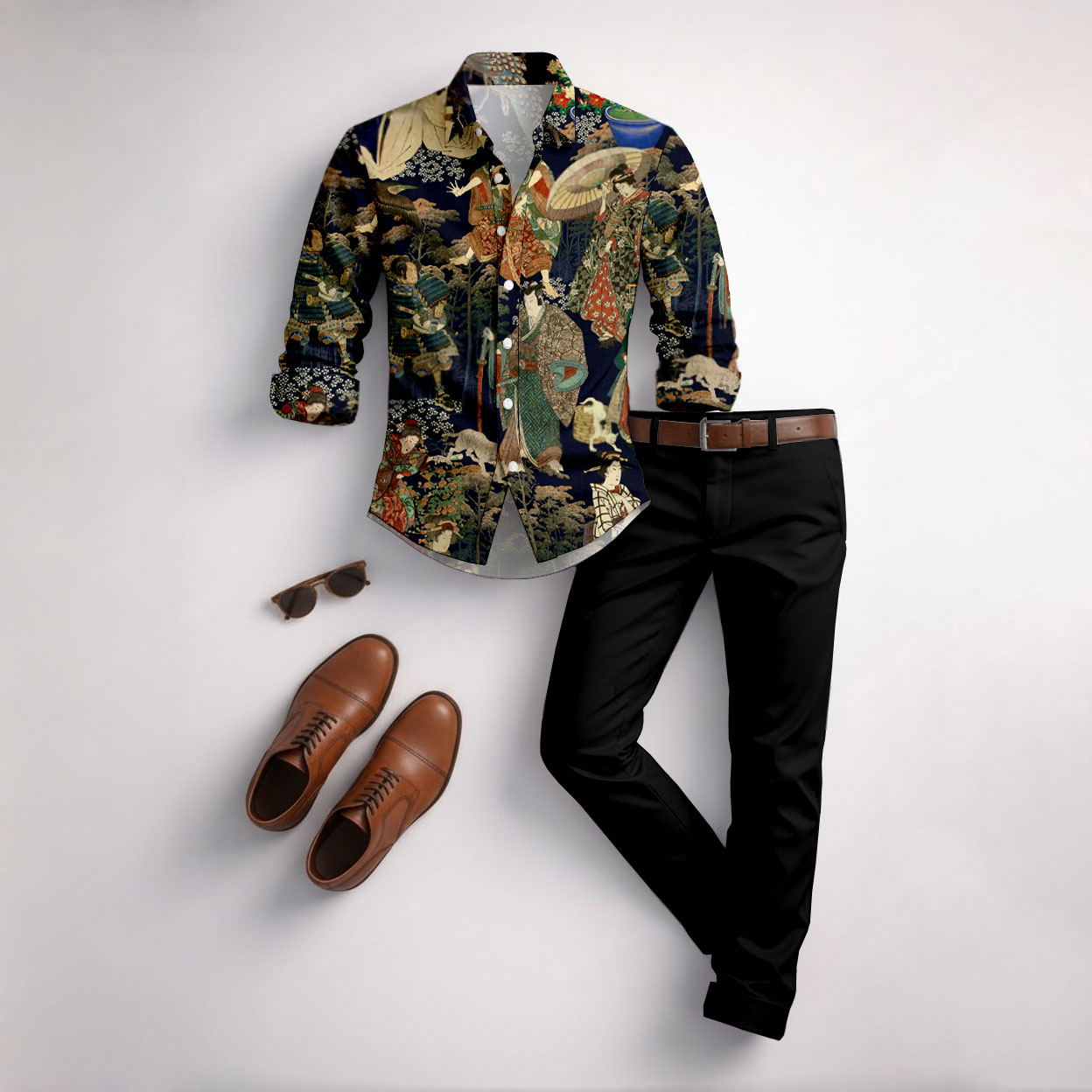 Conjunto de dos piezas casual Color Matching Geometric estampado de manga larga camisa & Trousers para hombre