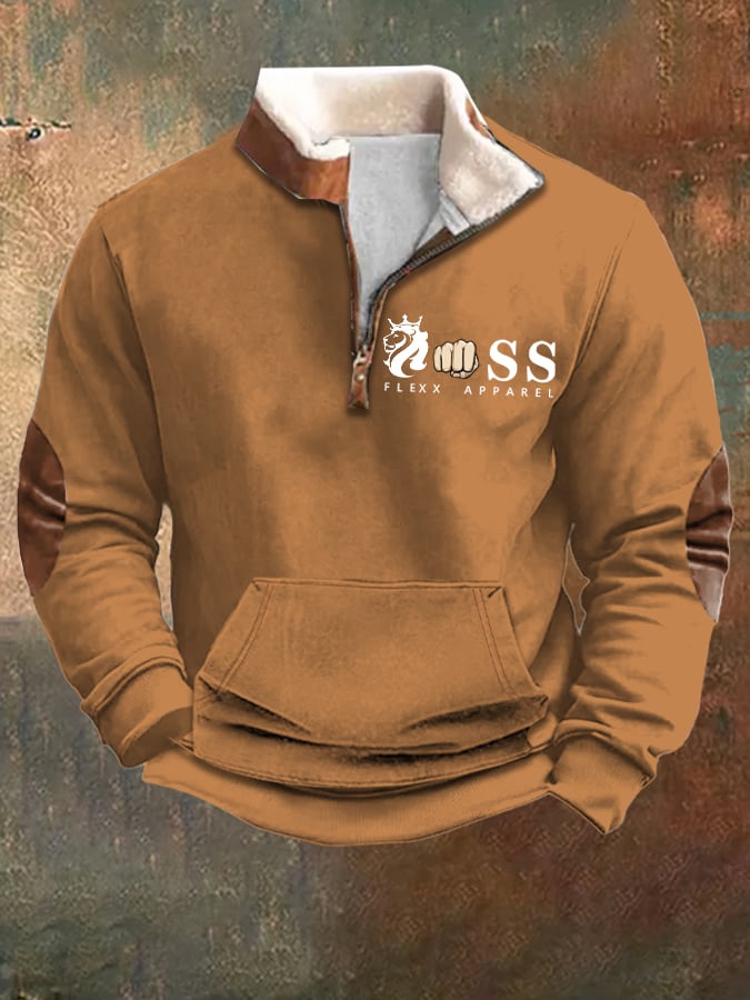 Sudadera vintage Letter Design estampado Plush Stand cuello cierre para hombre