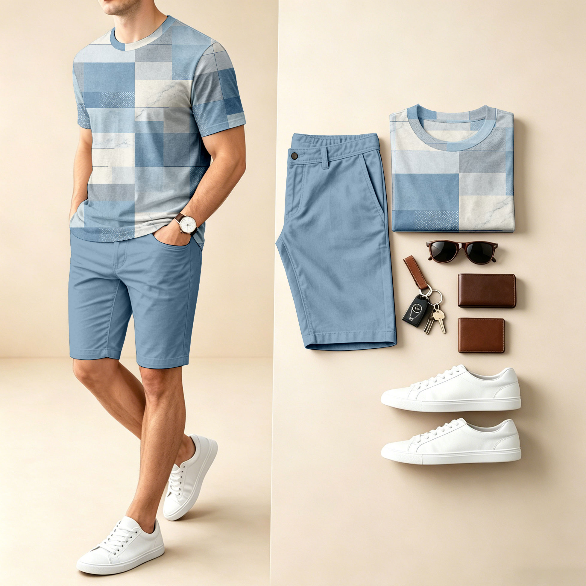 Conjunto de dos piezas casual Checkered Crew-Neck de manga corta camiseta And shorts para hombre