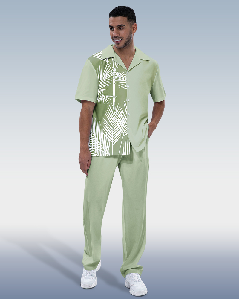 Rianmond Green Leaf estampado de manga corta Hiking Suit para hombre