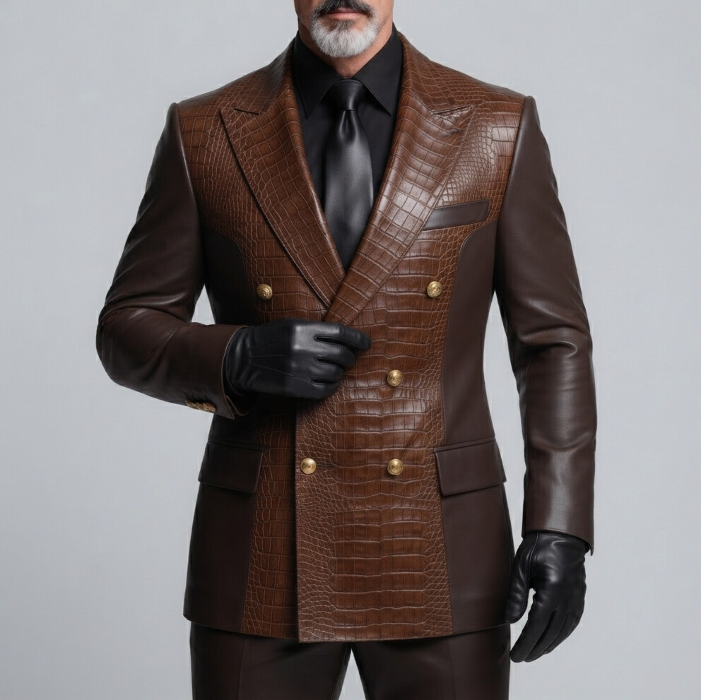 para hombre Dark Brown PU Leather Crocodile Pattern Peak Lapel Double-Breasted Two-Tone saco