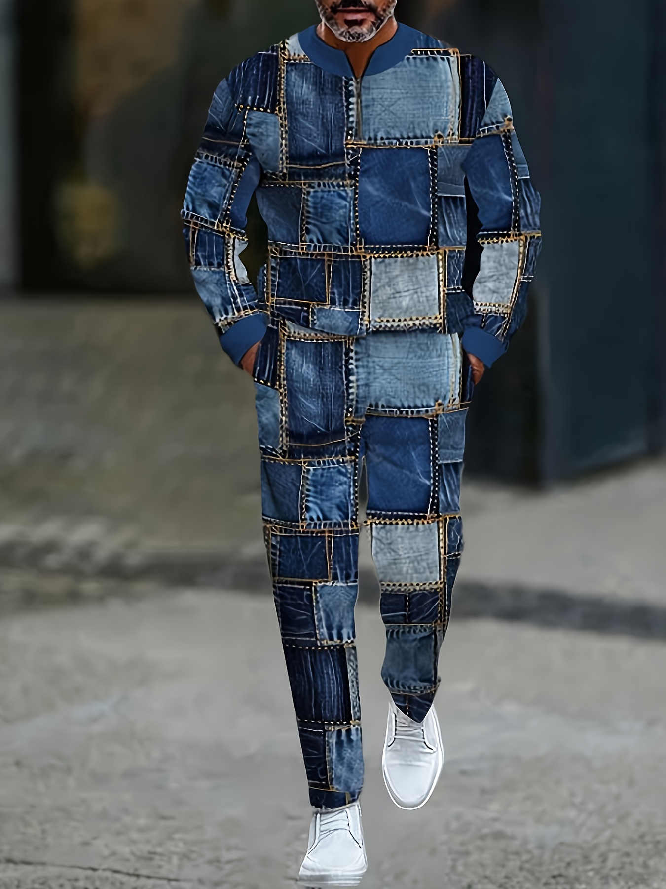 Conjunto de dos piezas casual Color Matching estampado Round-Neck Zipper de manga larga Trousers para hombre