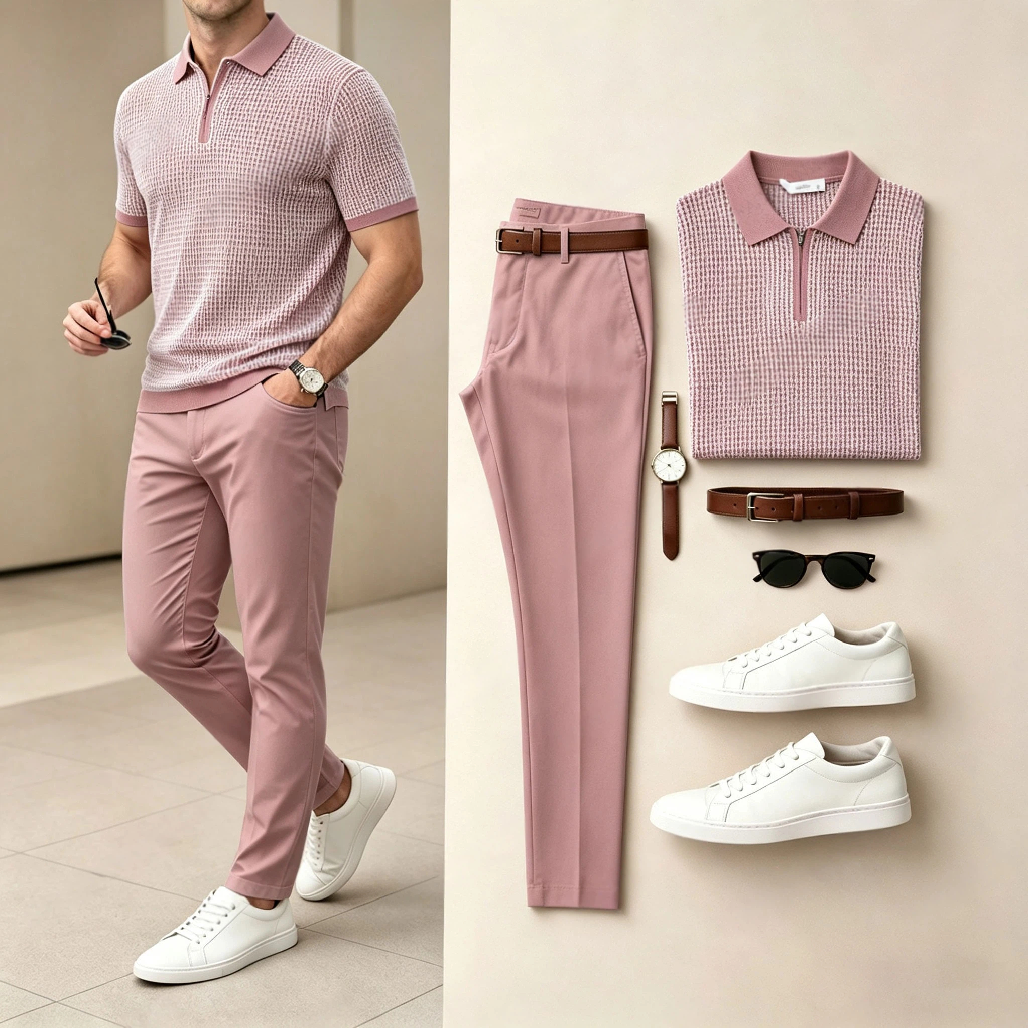 Conjunto de dos piezas Ice Silk Zipper-Front tejido de manga corta camisa polo and pantalón (Accessories Not Included) para hombre