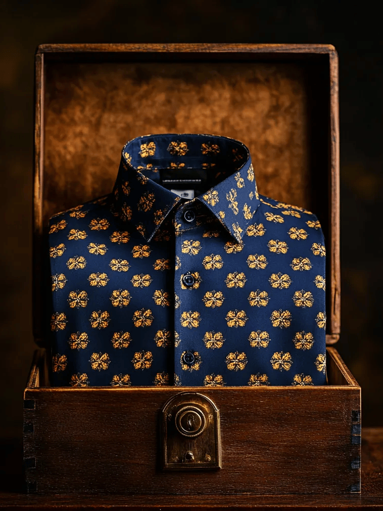 Camisa de lujo Romantic Contrast Color estampado de manga larga para hombre