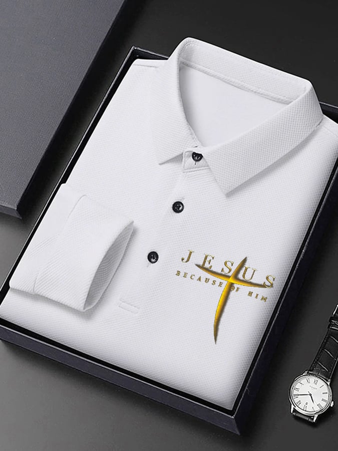 Camisa polo vintage Faith “Jesus Because Of Him” de manga largas para hombre