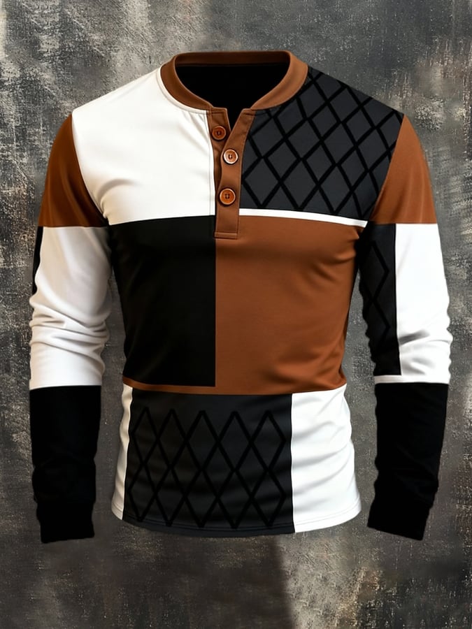 Camiseta retro Stitching Contrast Color Henley cuello de manga larga para hombre