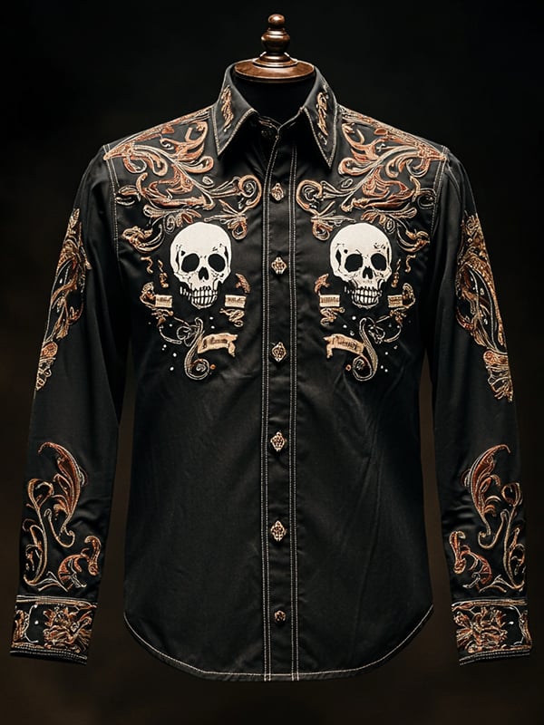 Camisa retro casual Skull estampado de manga larga para hombre