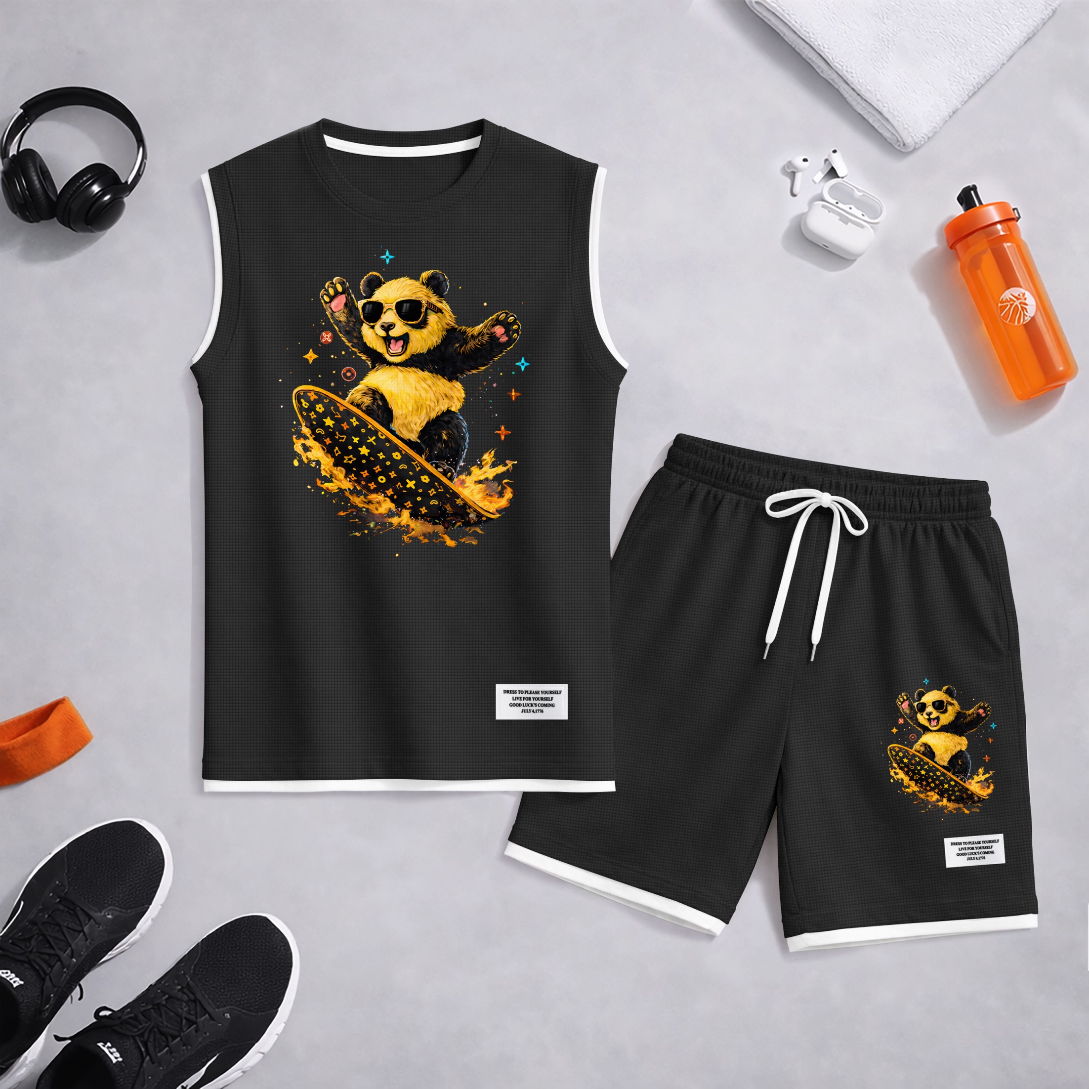 Shorts Cartoon Panda Graphic estampado Summer Set Sleeveless Tank Top & Matching Outfit, Skateboard Style Animal estampado Lightweight casual Streetwear Athletic Set for Everyday & Holiday para hombre