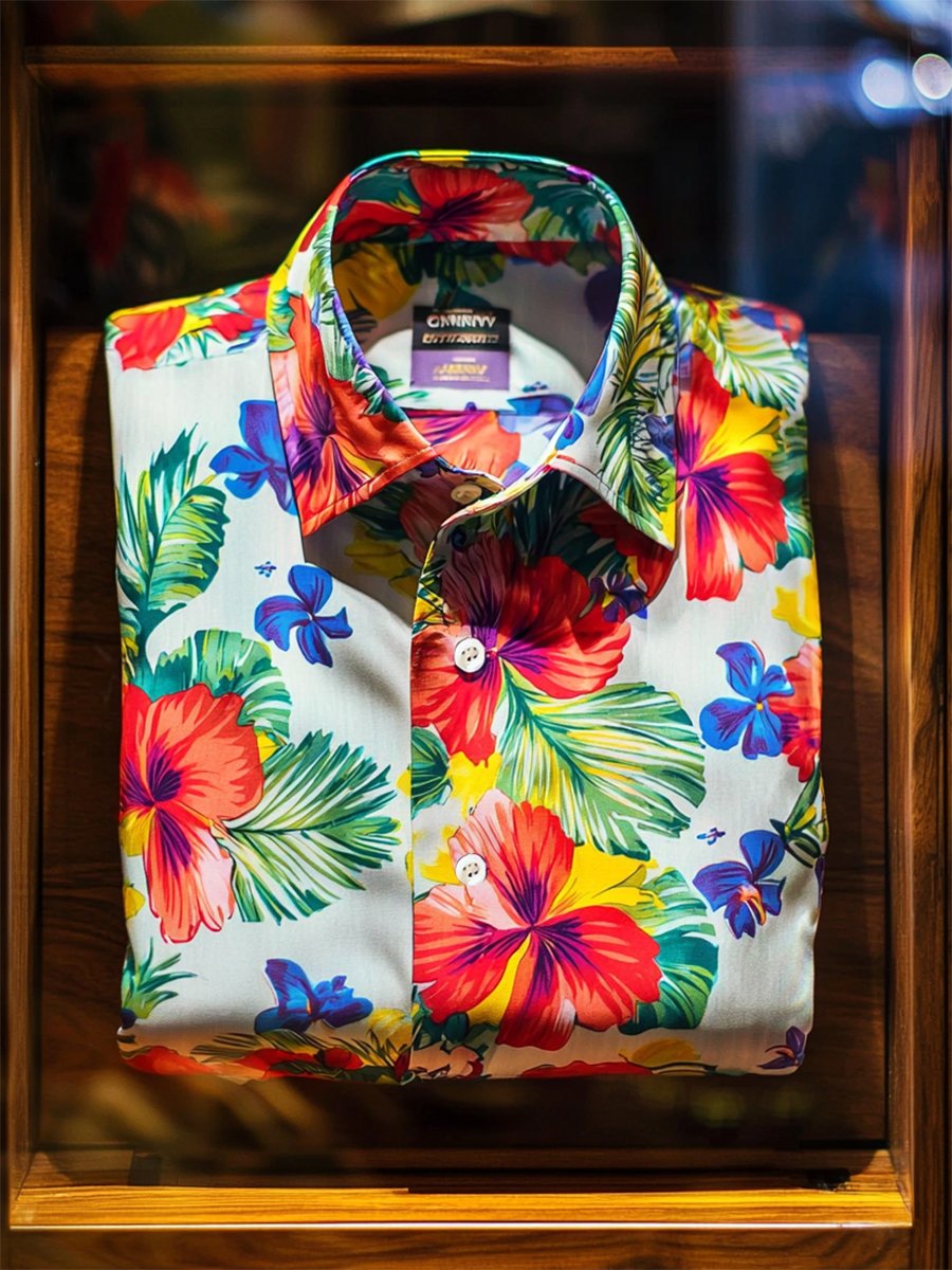 Camisa satén Luxe hawaiano estampado de manga corta Button para hombre