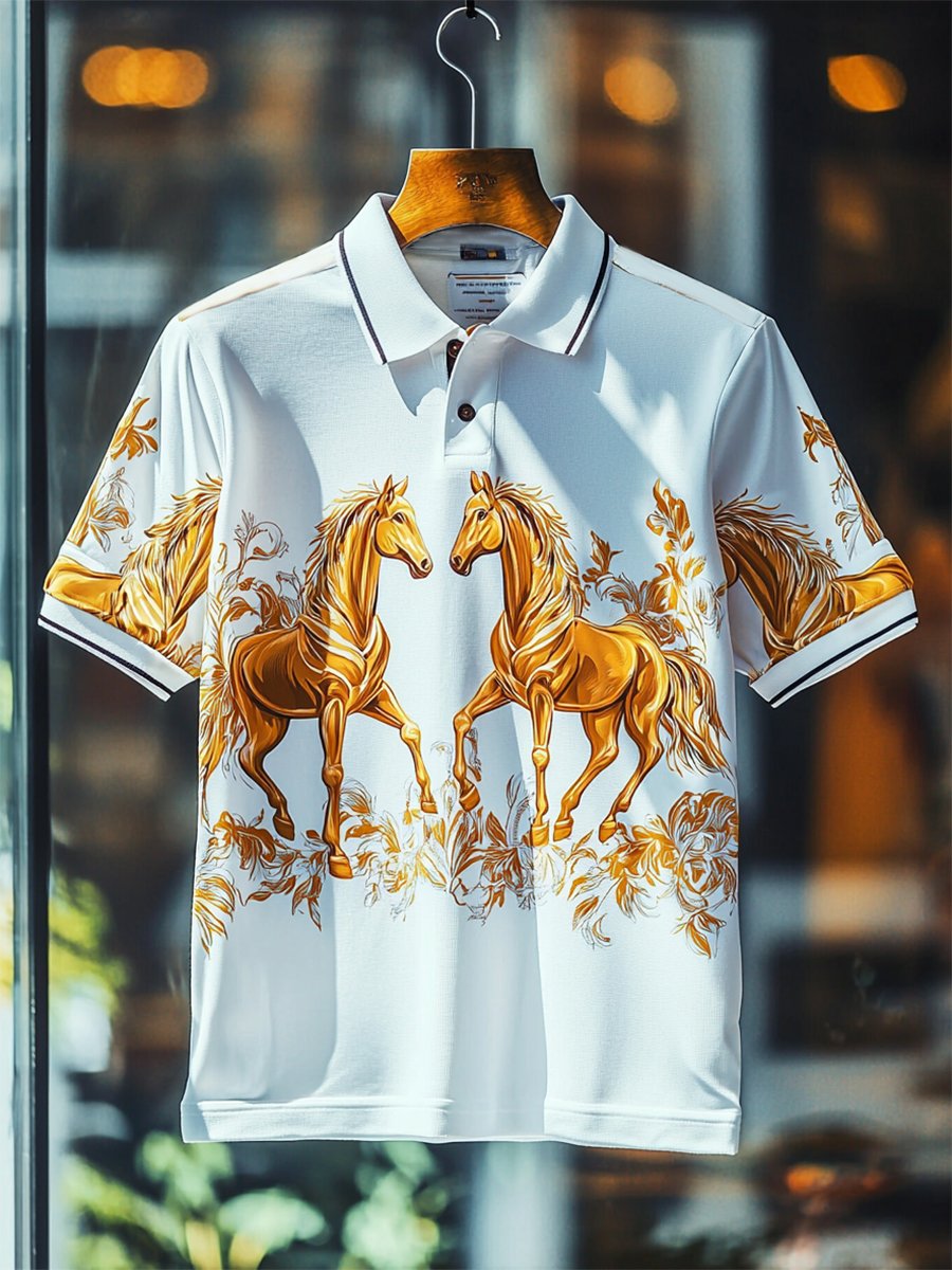 Camisa polo casual ejecutivo Horse estampado Button de manga corta para hombre