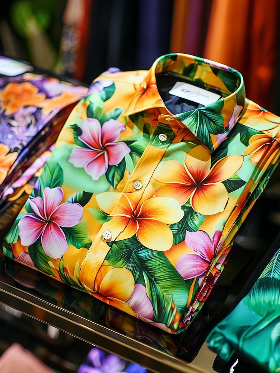 Camisa satén Luxe hawaiano estampado de manga corta Button para hombre