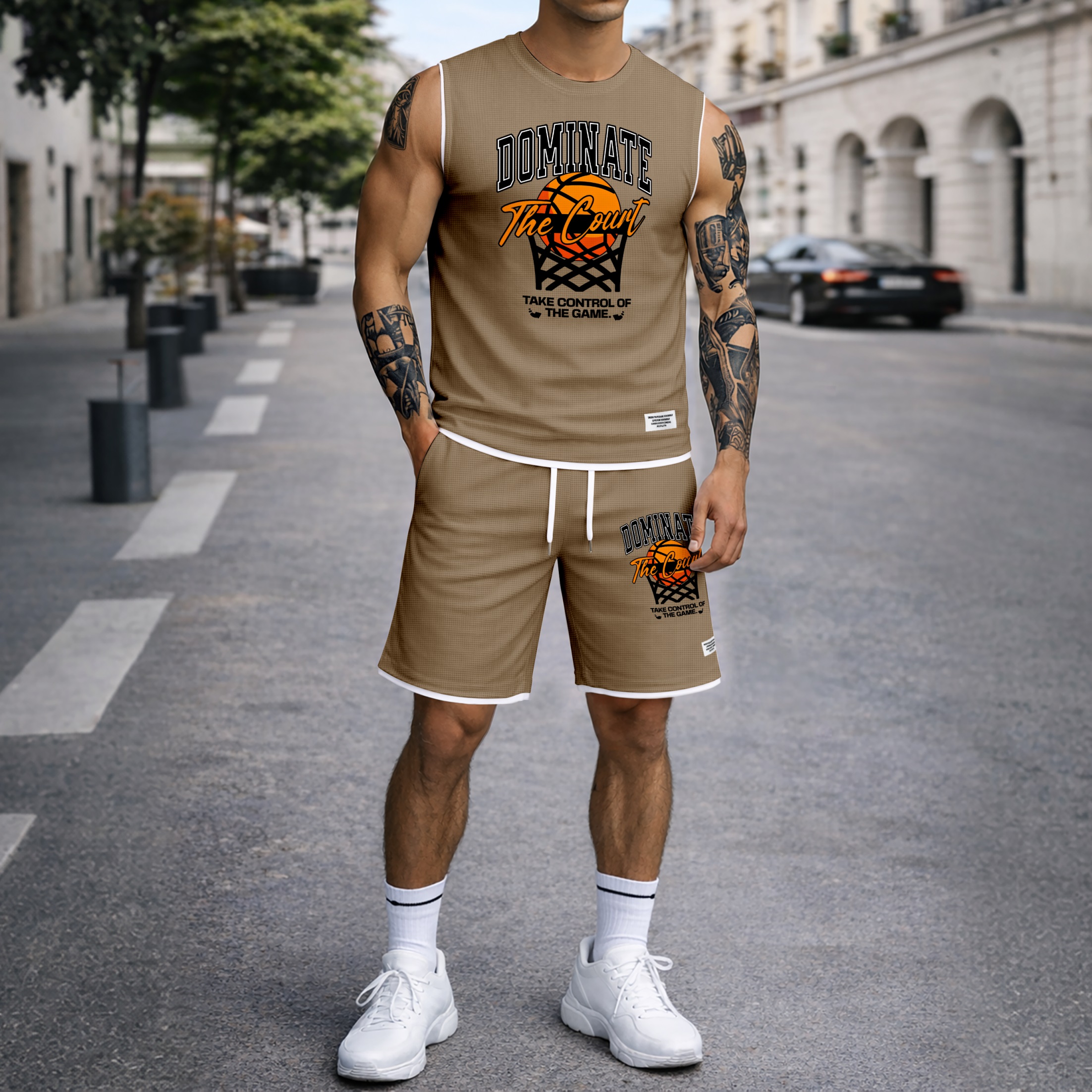 Shorts Basketball Graphic estampado Summer Set Sleeveless Tank Top & Matching Outfit, “Dominate The Court” Letter estampado with Hoop & Ball Design, Lightweight casual Streetwear Athletic Set for Everyday & para trabajoout para hombre