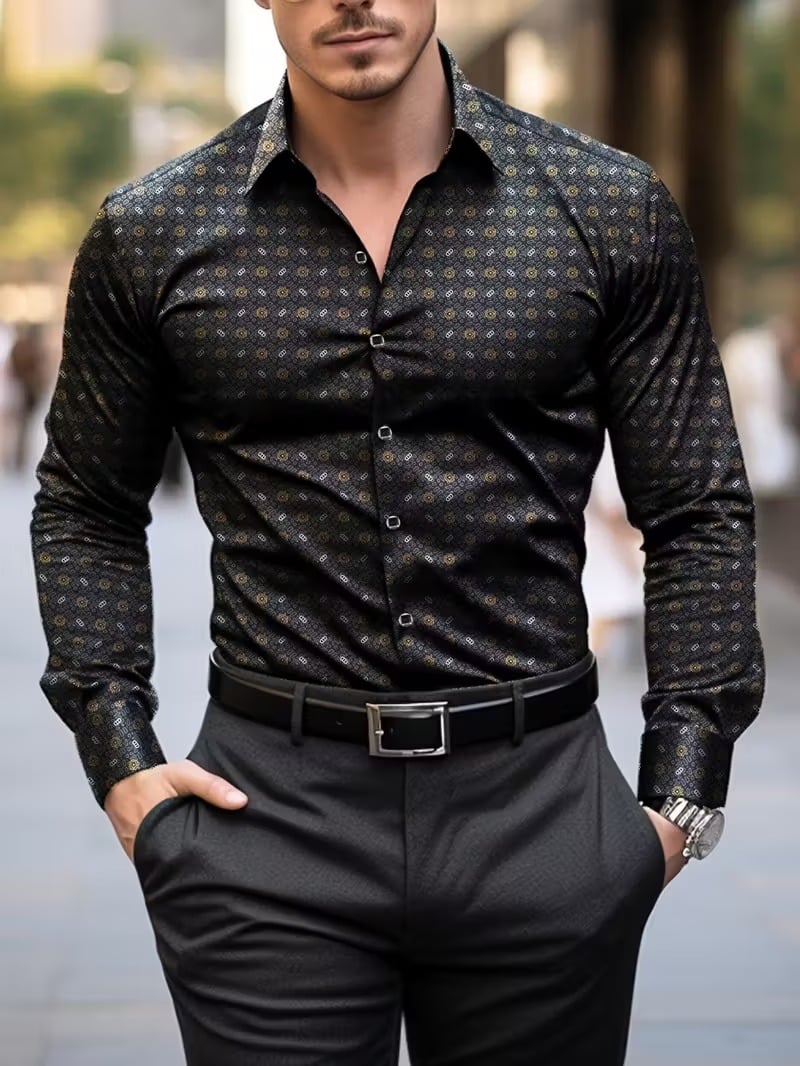 Camisa Street Style ejecutivo casual estampado de manga larga para hombre