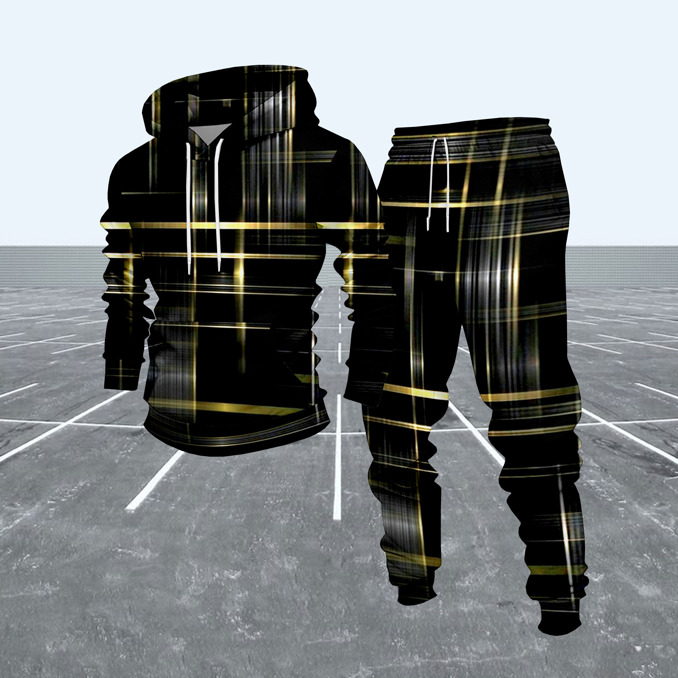 Conjunto de dos piezas casual Black & Gold Color Matching Checkered Pattern sudadera con capuchas de manga larga sudaderas & Sweatpantalón para hombre