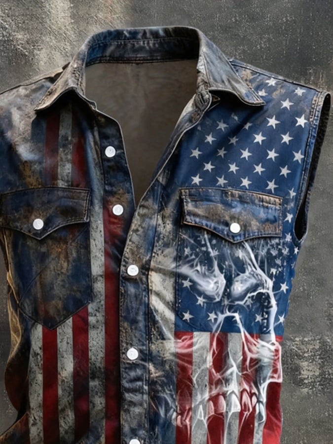 Camisa retro Patriotic Color-Block estampado Sleeveless para hombre