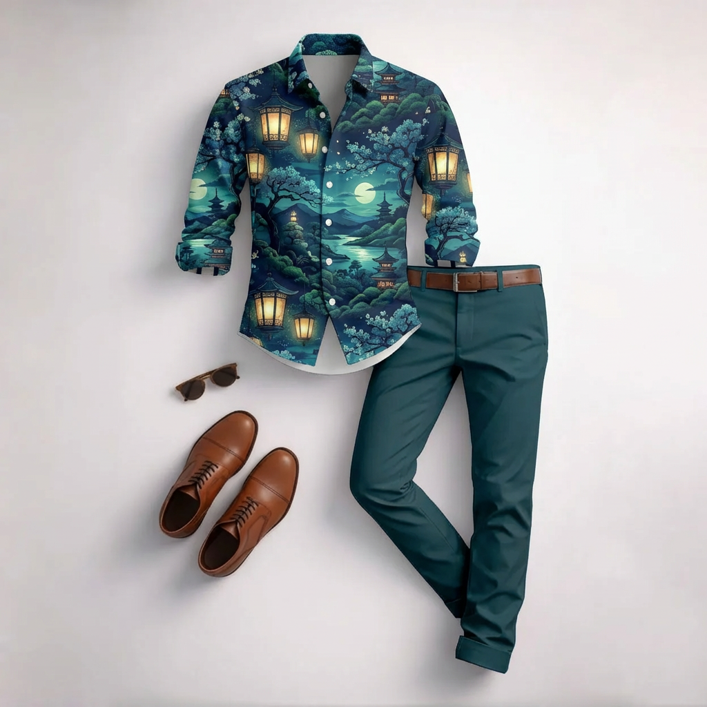 Conjunto de dos piezas casual Blue Lantern estampado de manga larga camisa And Trousers para hombre
