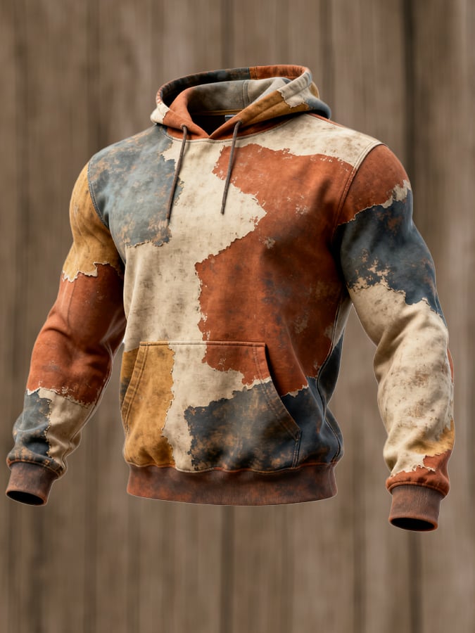 Sudadera retro desgastado en bloques de color estampado casual de manga larga para hombre