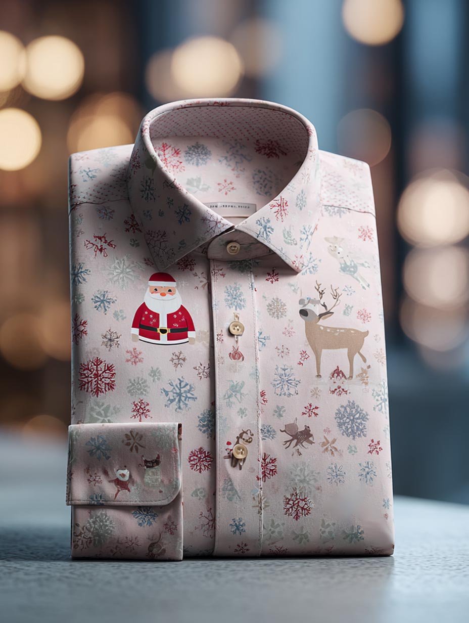 Camisa retro New Year Christmas estampado de manga larga para hombre