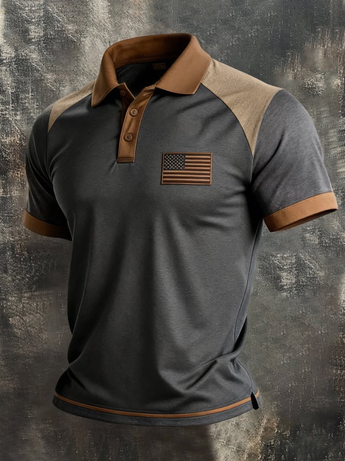 Retro Patriot en bloques de color Polo Collar de manga corta para hombre
