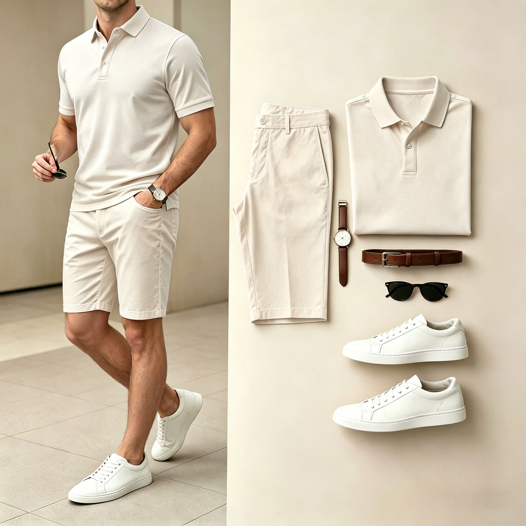 Conjunto de dos piezas casual Solid Beige camisa polo And shorts (Does Not Include Watch, Belt, Or Accessories) para hombre