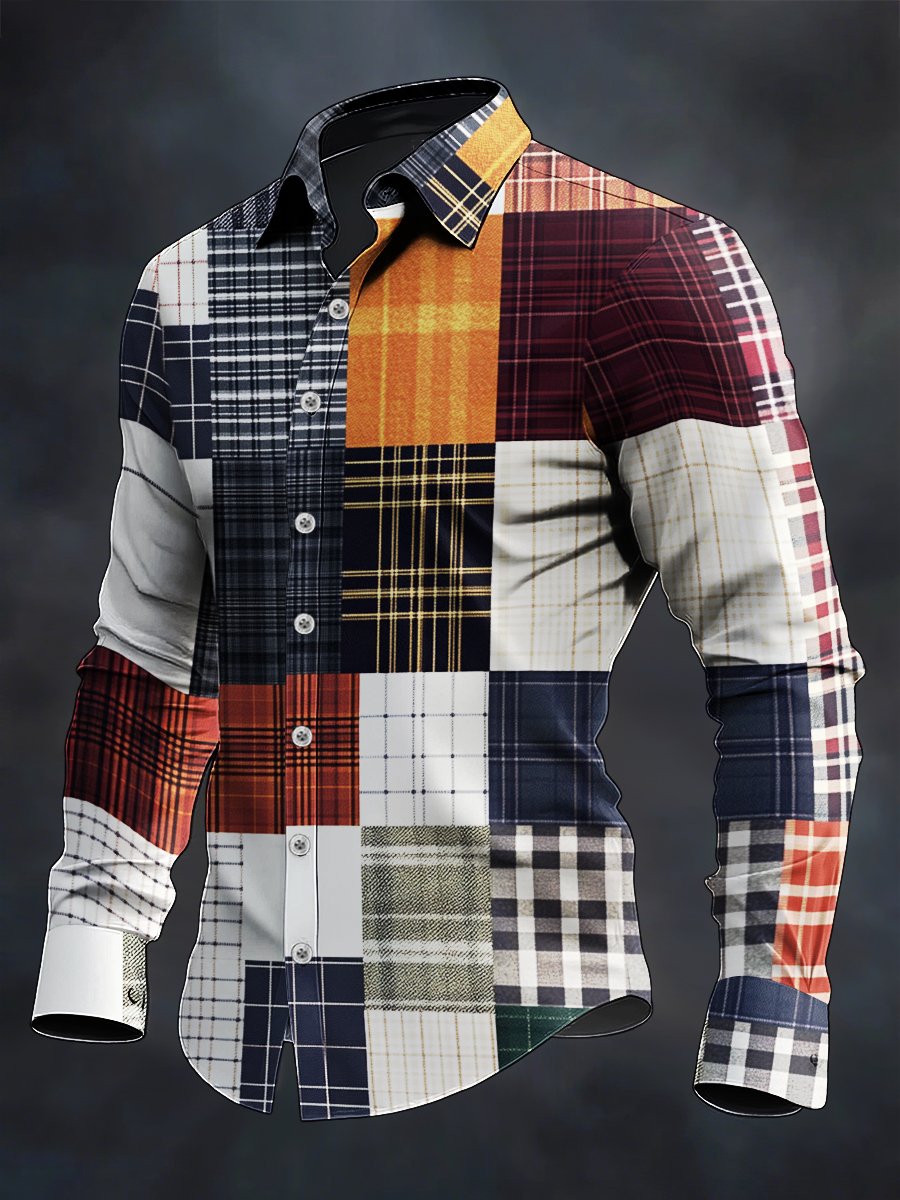 Camisa retro casual geométrico Art de manga larga para hombre