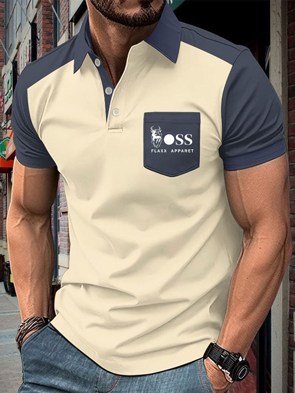 Camisa polo ejecutivo Color-Blocked Logo con botones de manga corta para hombre
