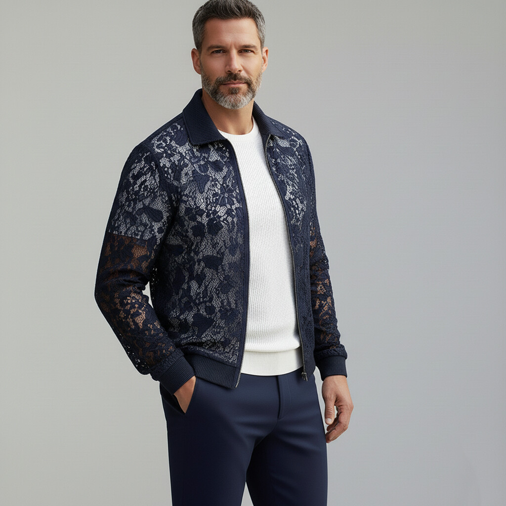 Chaqueta elegante Midnight Blue Guipure Lace Ribbed Cuffs Turndown Collar Zipper para hombre