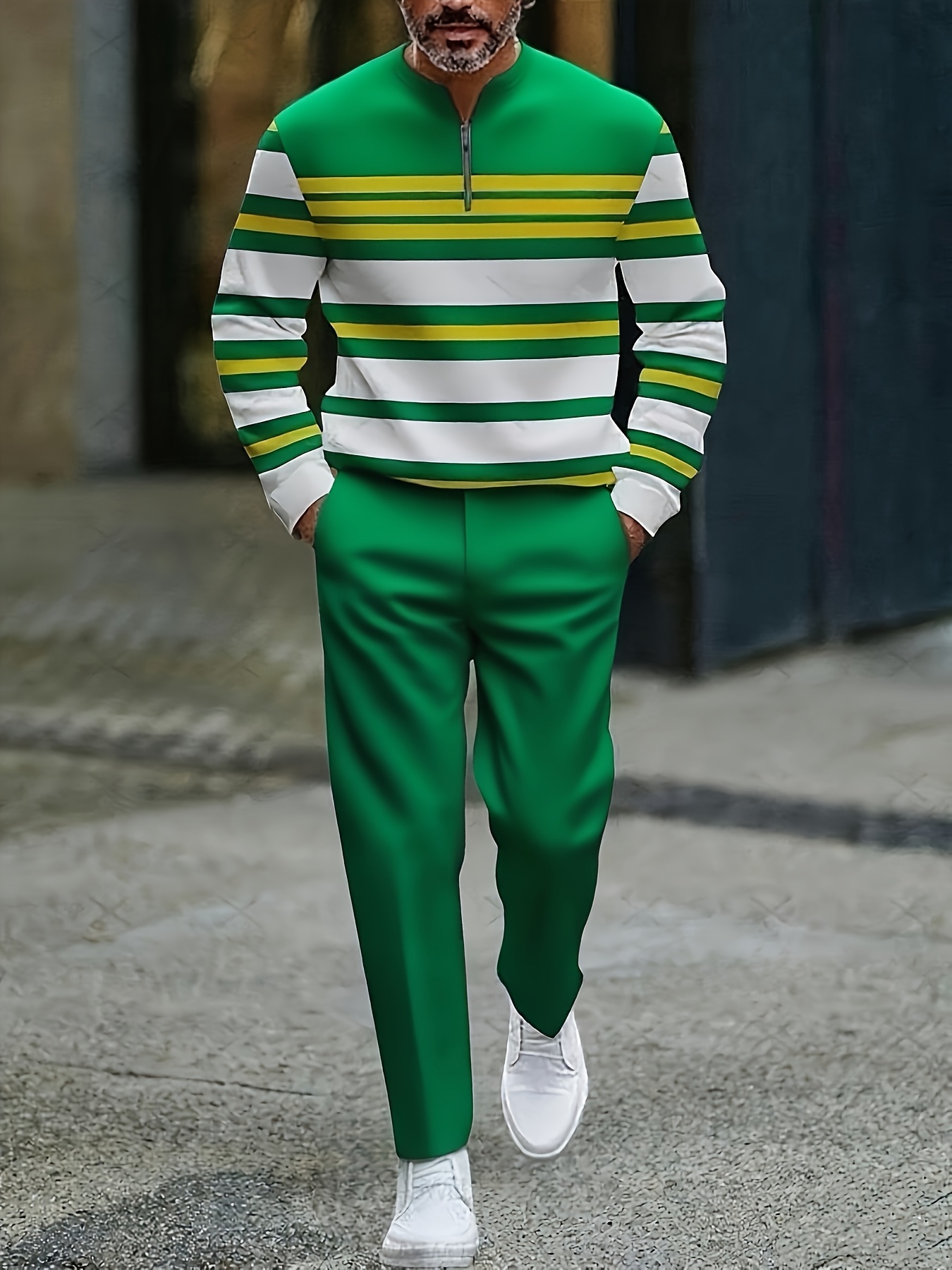 Conjunto de dos piezas casual Green & White Color Matching a rayas estampado Round-Neck cierre de manga larga Tops & Trousers para hombre