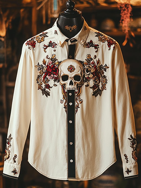 Camisa para exterior vintage Skull and floral estampado de manga larga para hombre
