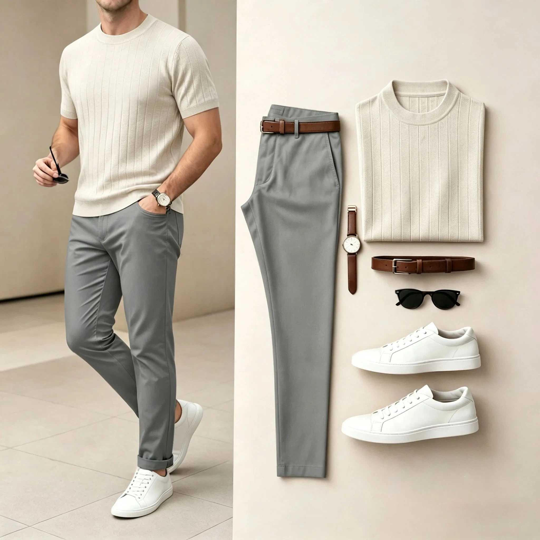 Conjunto de dos piezas casual Textured tejido Crew-Neck de manga corta camiseta and pantalón (Accessories Not Included) para hombre