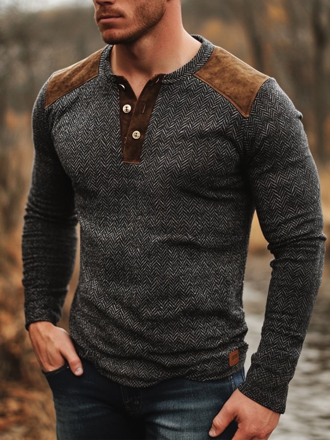 Camisa retro casual Herringbone Colorblock de manga larga Henley para hombre