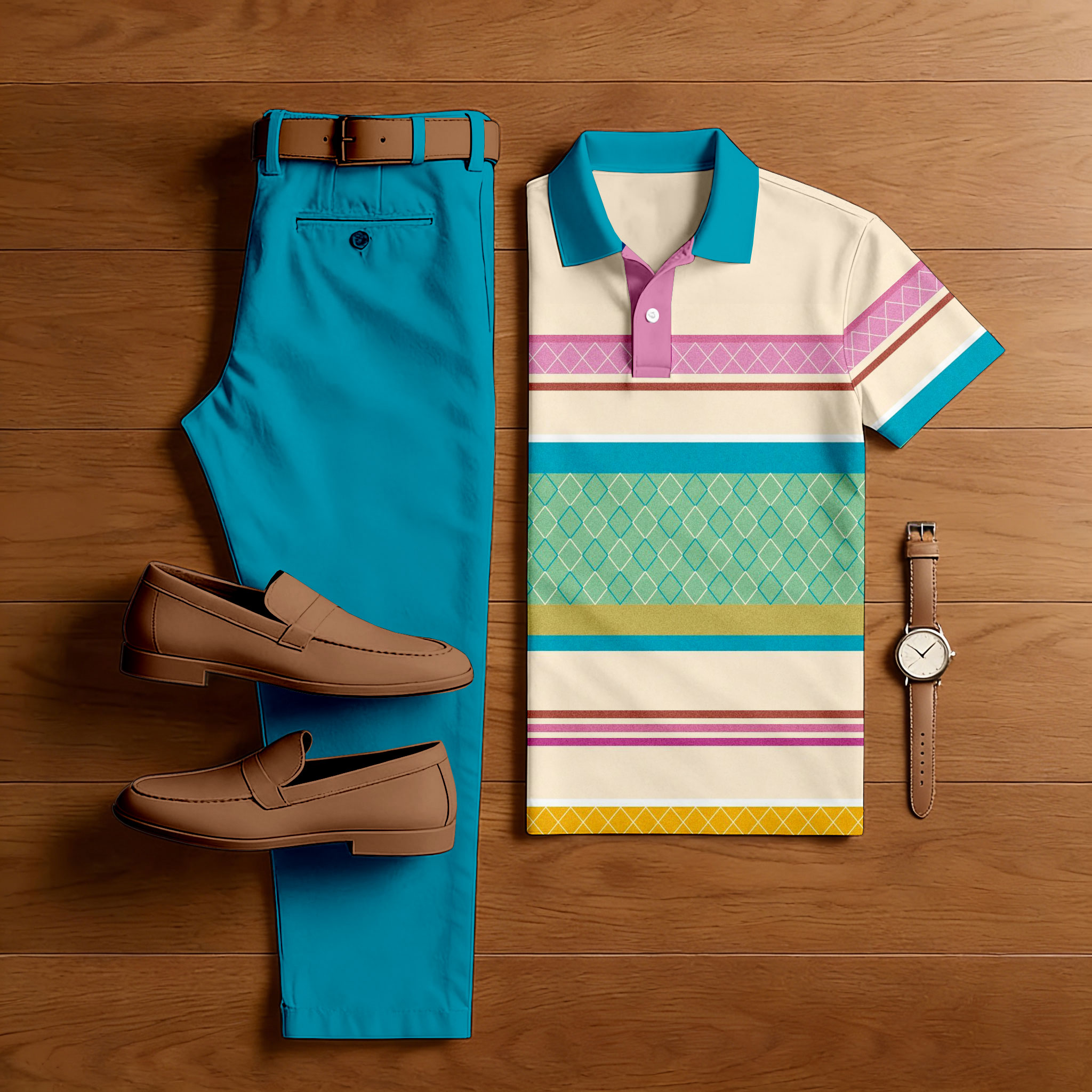 Conjunto de dos piezas casual Blue & Khaki Color Matching a rayas estampado de manga corta camisa polo & Trousers para hombre