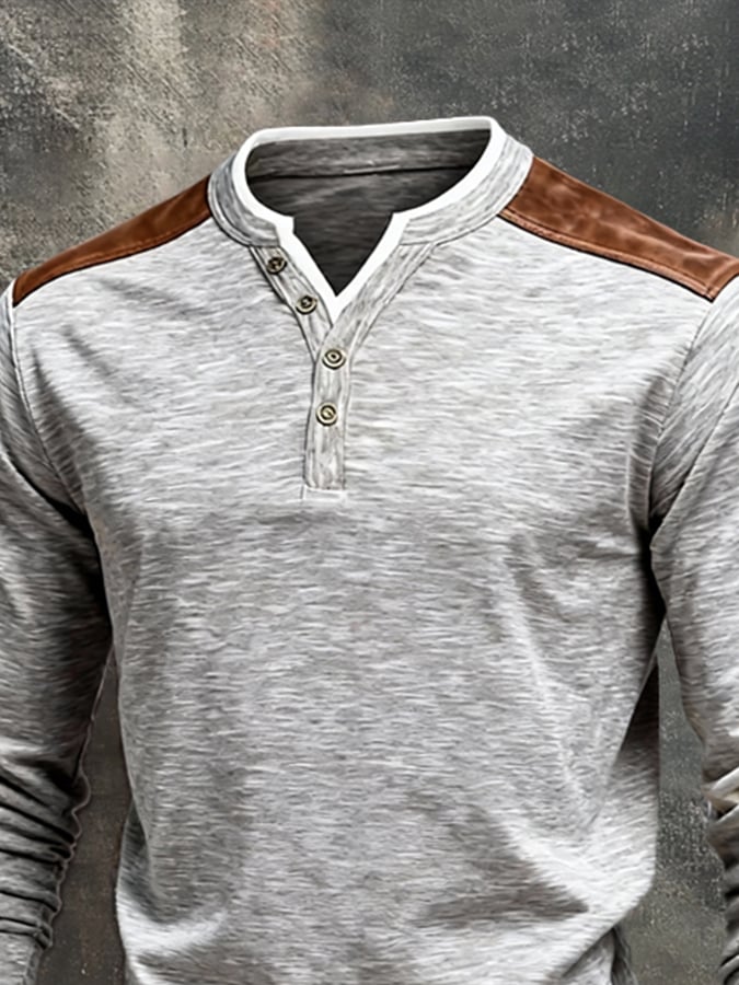 Camiseta Color-Block Patchpara trabajo Faux Two-Piece Henley Neck de manga larga para hombre