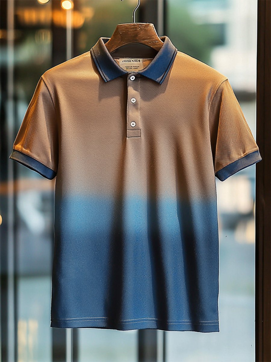 Camisa polo casual Holiday degradado estampado Button de manga corta para hombre