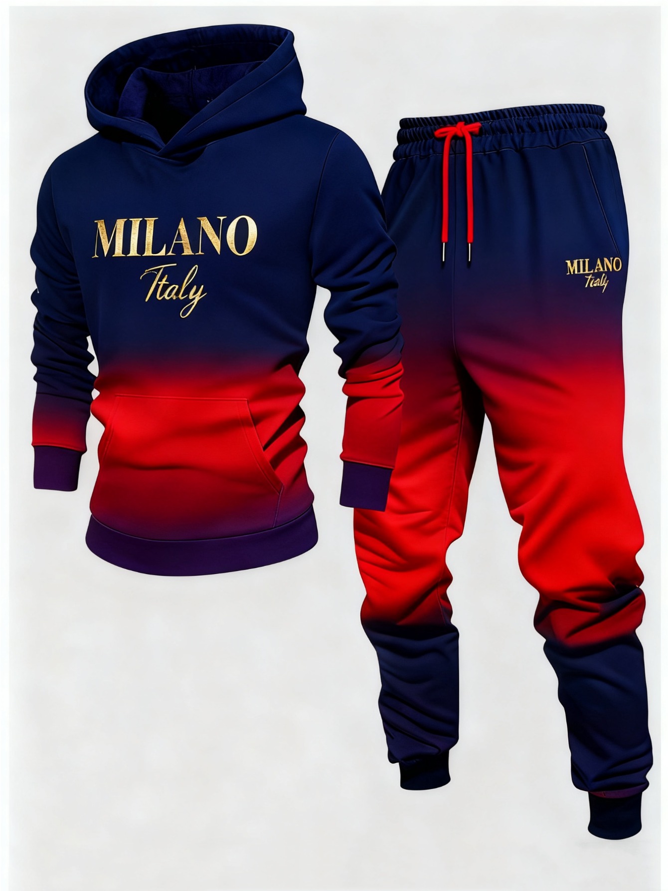 Conjunto de dos piezas casual Navy Blue & Red Color Gradient estampado sudadera con capuchas de manga larga sudaderas & Sweatpantalón para hombre