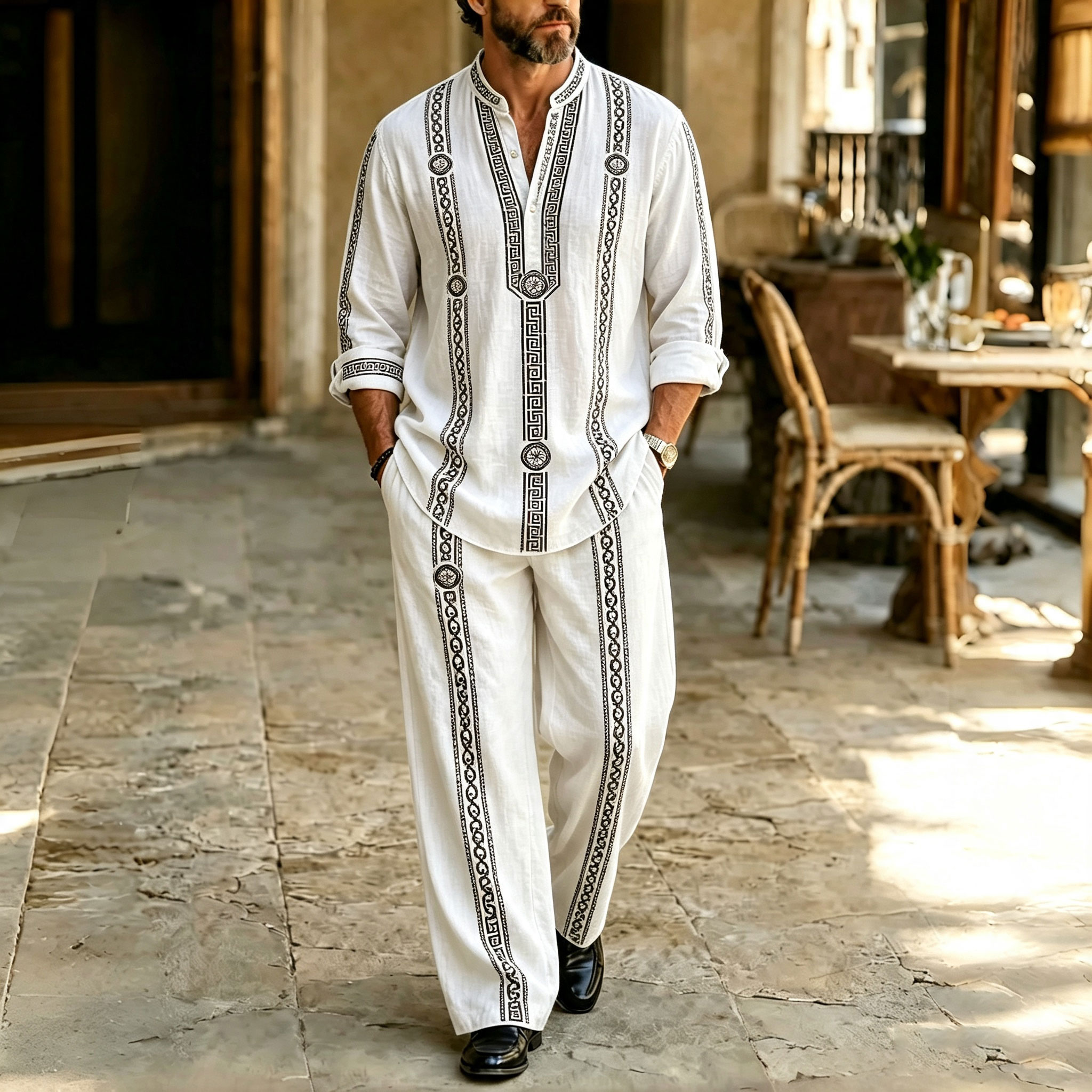para hombre Symmetrical Print Stand-Collar camisa polo and pantalón Set