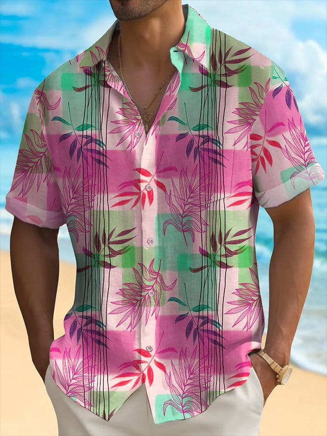 para hombre Hawaiian Leaf Print de manga corta Pockets camisa