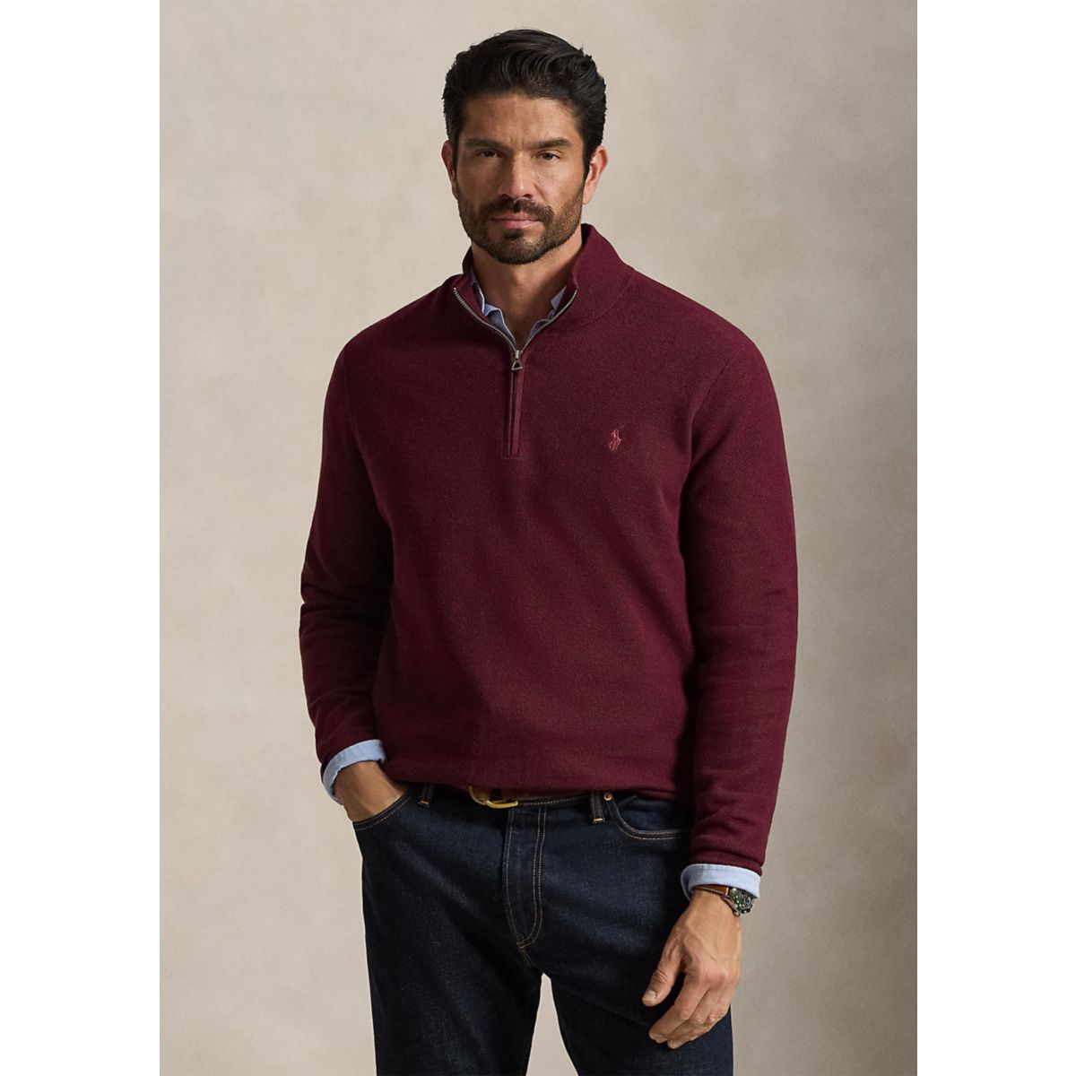 Big & Tall Mesh-Knit Cotton Quarter-Zip Sweater - 6