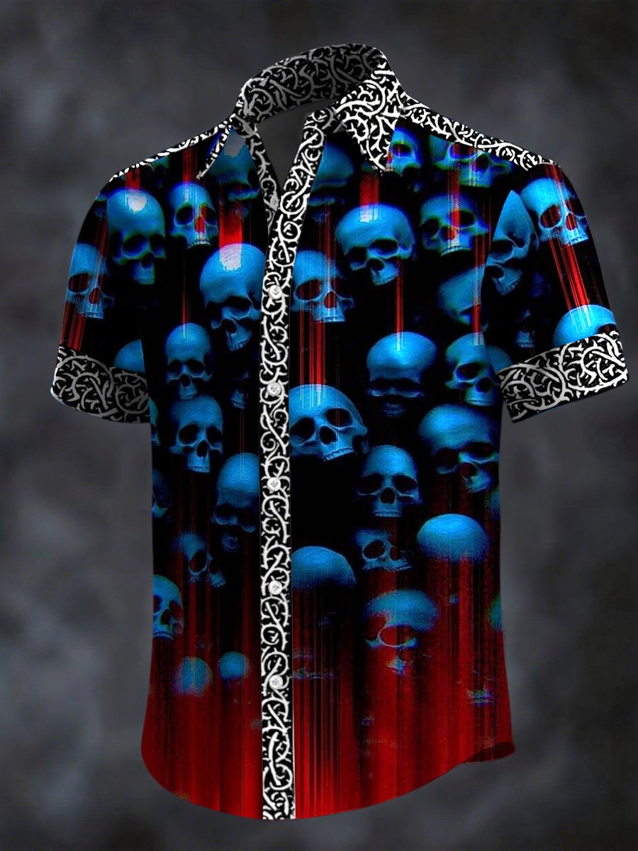 Camisa retro Horror Skull estampado solapa de manga corta para hombre