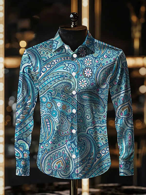 Camisa satén de lujo Ethnic Paisley de manga larga para hombre