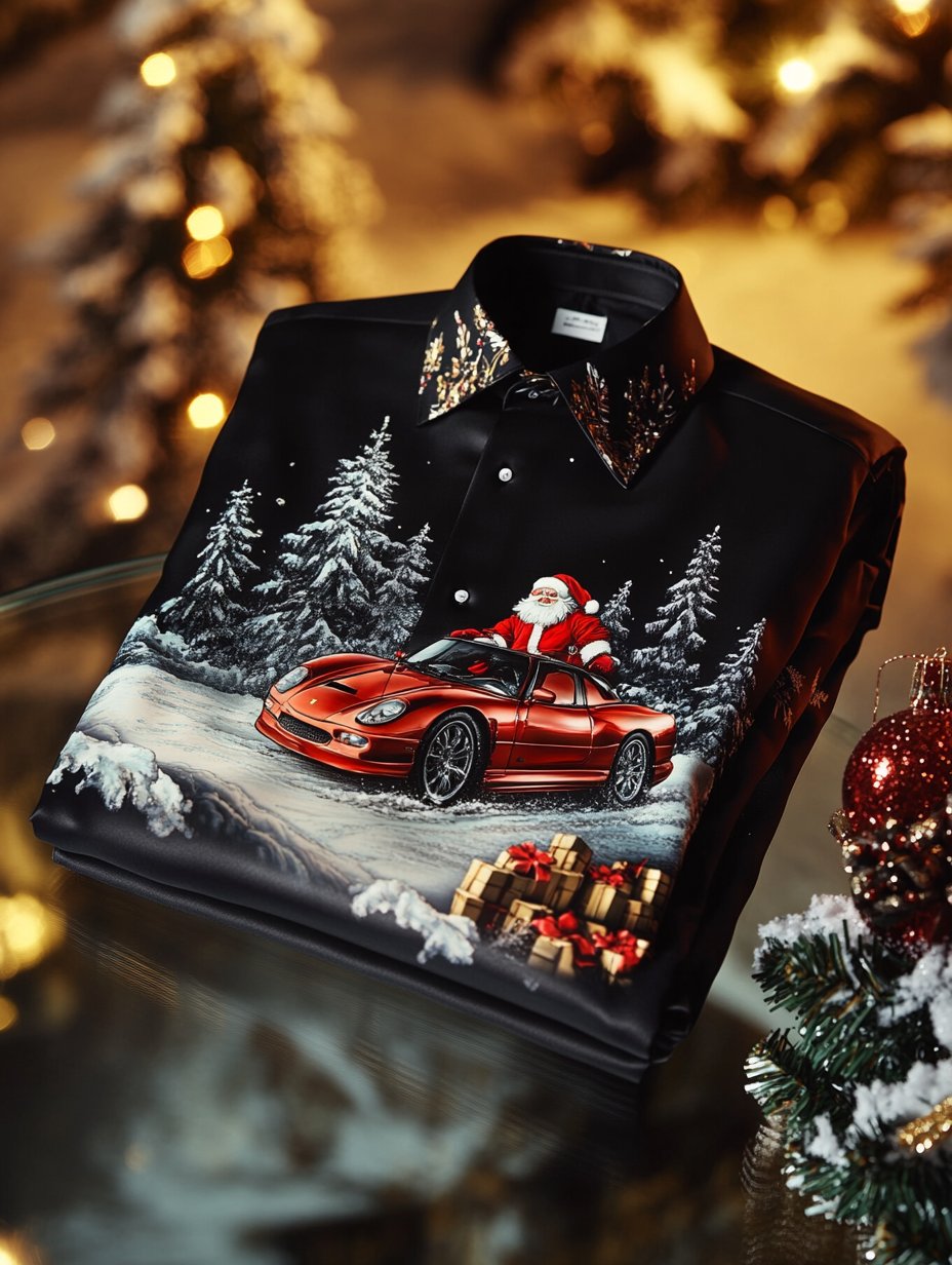 Camisa Christmas satén Luxe de manga larga con botones para hombre