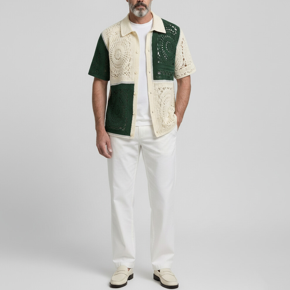 De moda Colorblock Crochet tejido Hollow Out de manga corta Cardigan para hombre