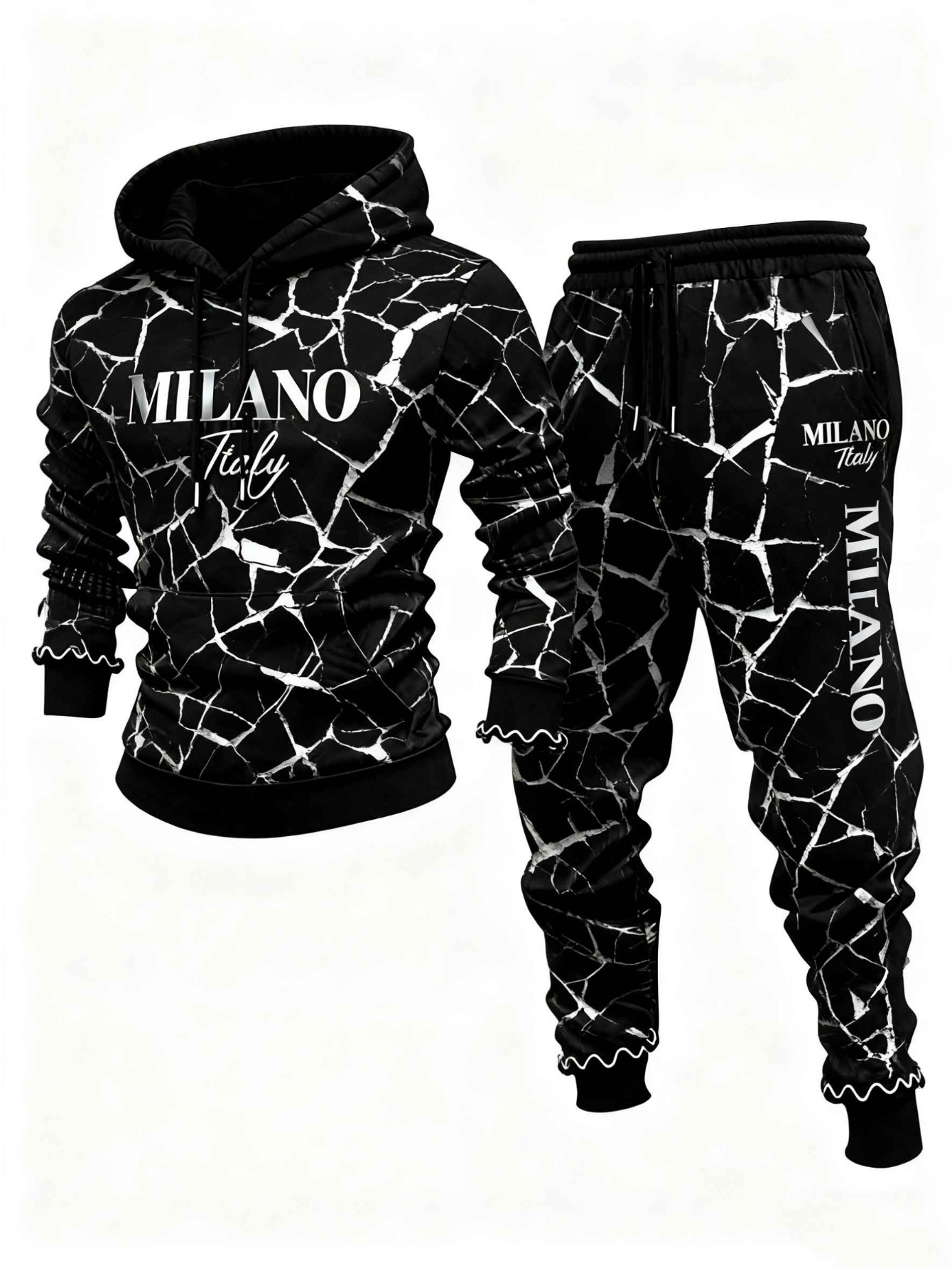 Conjunto de dos piezas casual Black & Silver Color Geometric estampado sudadera con capuchas de manga larga sudaderas & Sweatpantalón para hombre
