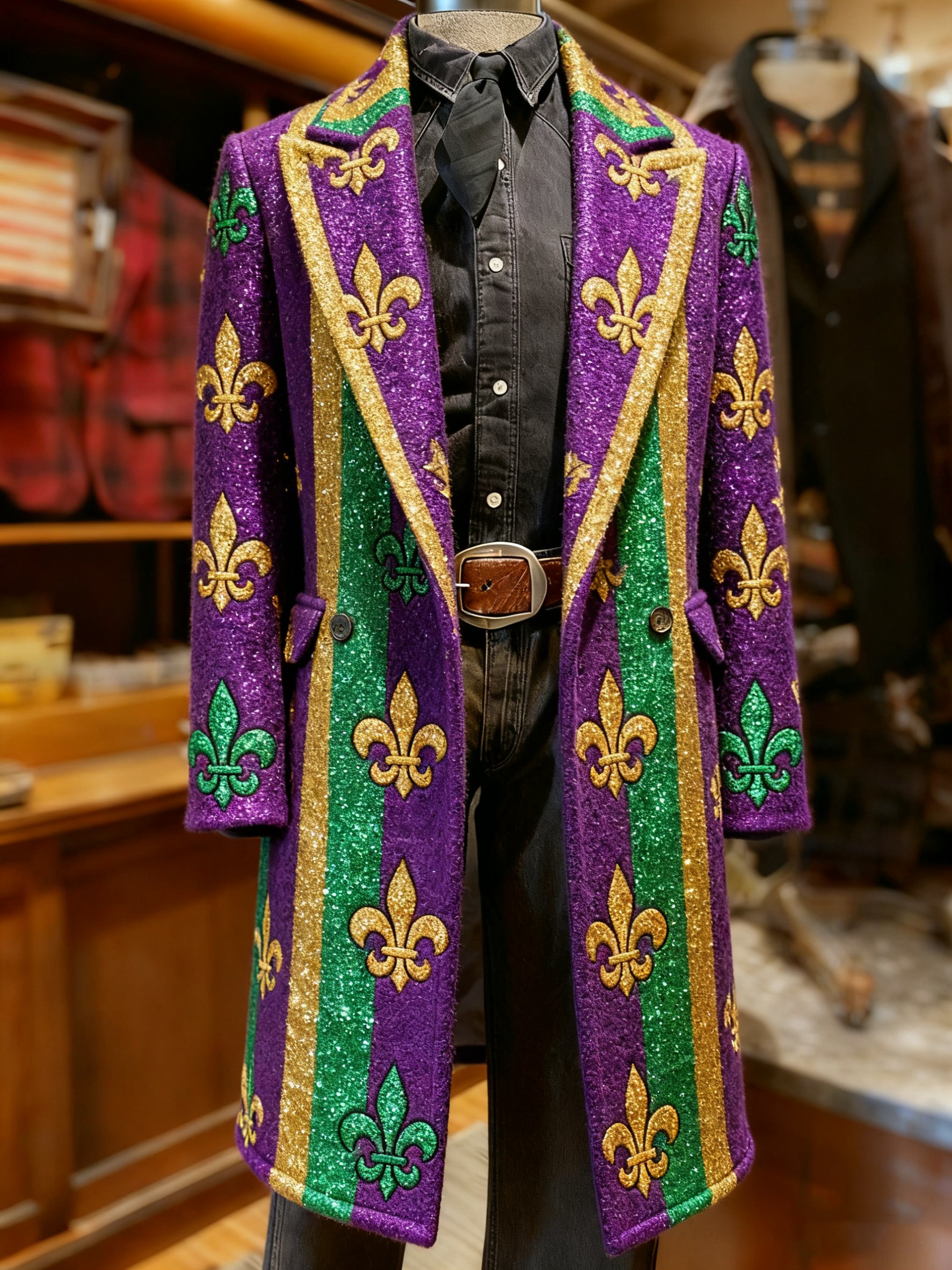 Abrigo ejecutivo vintage Mardi Gras Carnival Costume - Fleur-De-Lis estampado Long lana para hombre