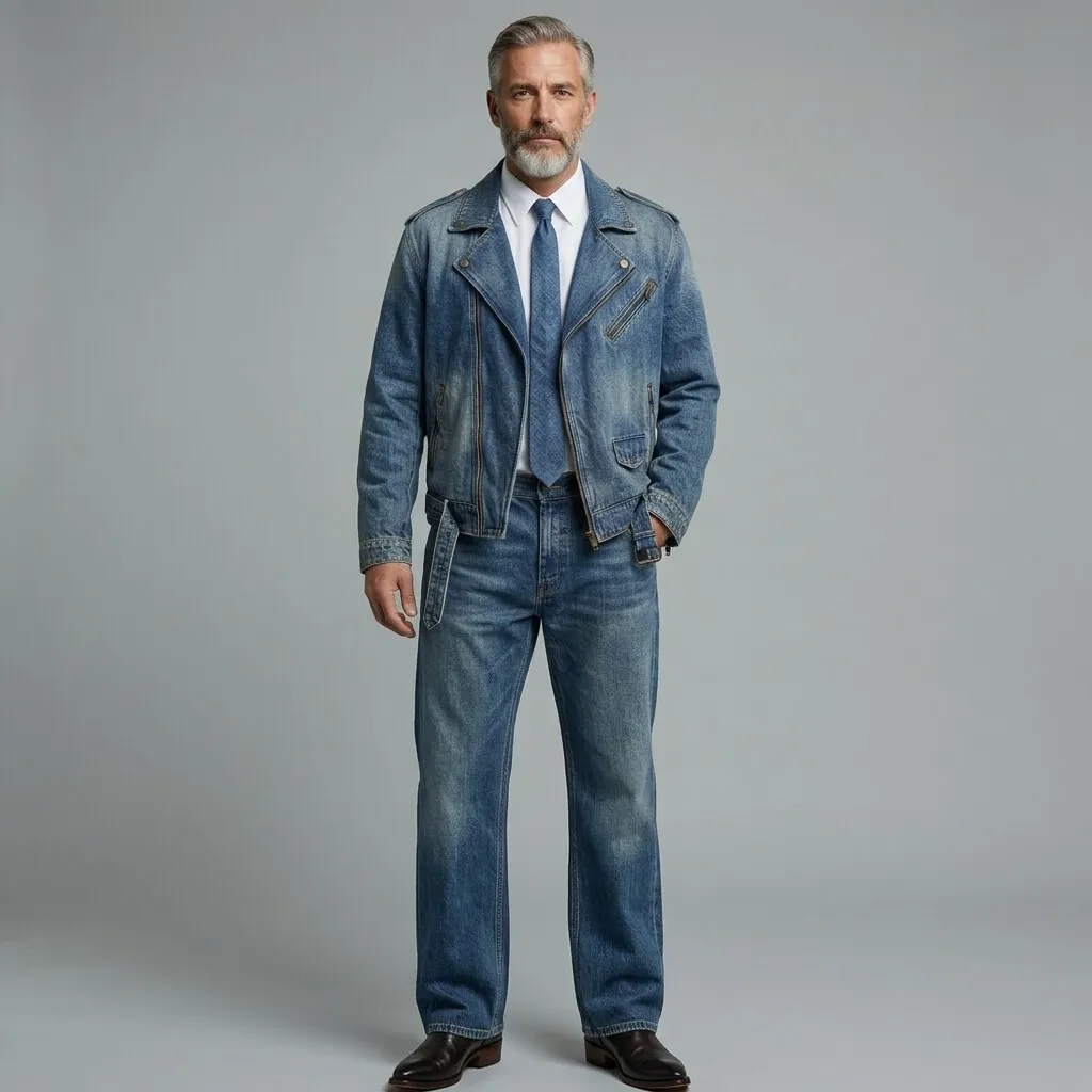 para hombre Blue Notch Lapel Asymmetrical Zipper Multi-Pocket Washed Denim chaqueta