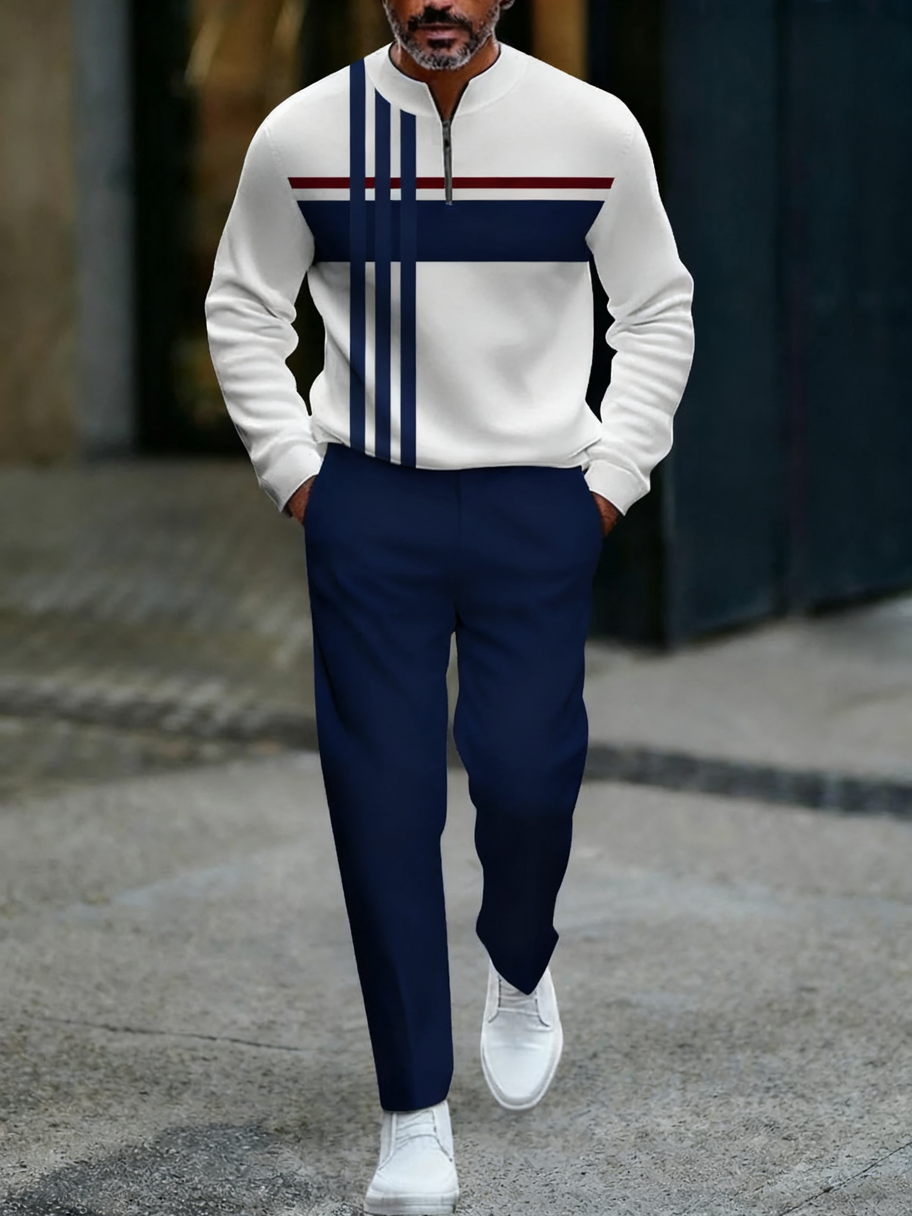 Conjunto de dos piezas de moda casual geometric estampado de manga larga zipper para hombre