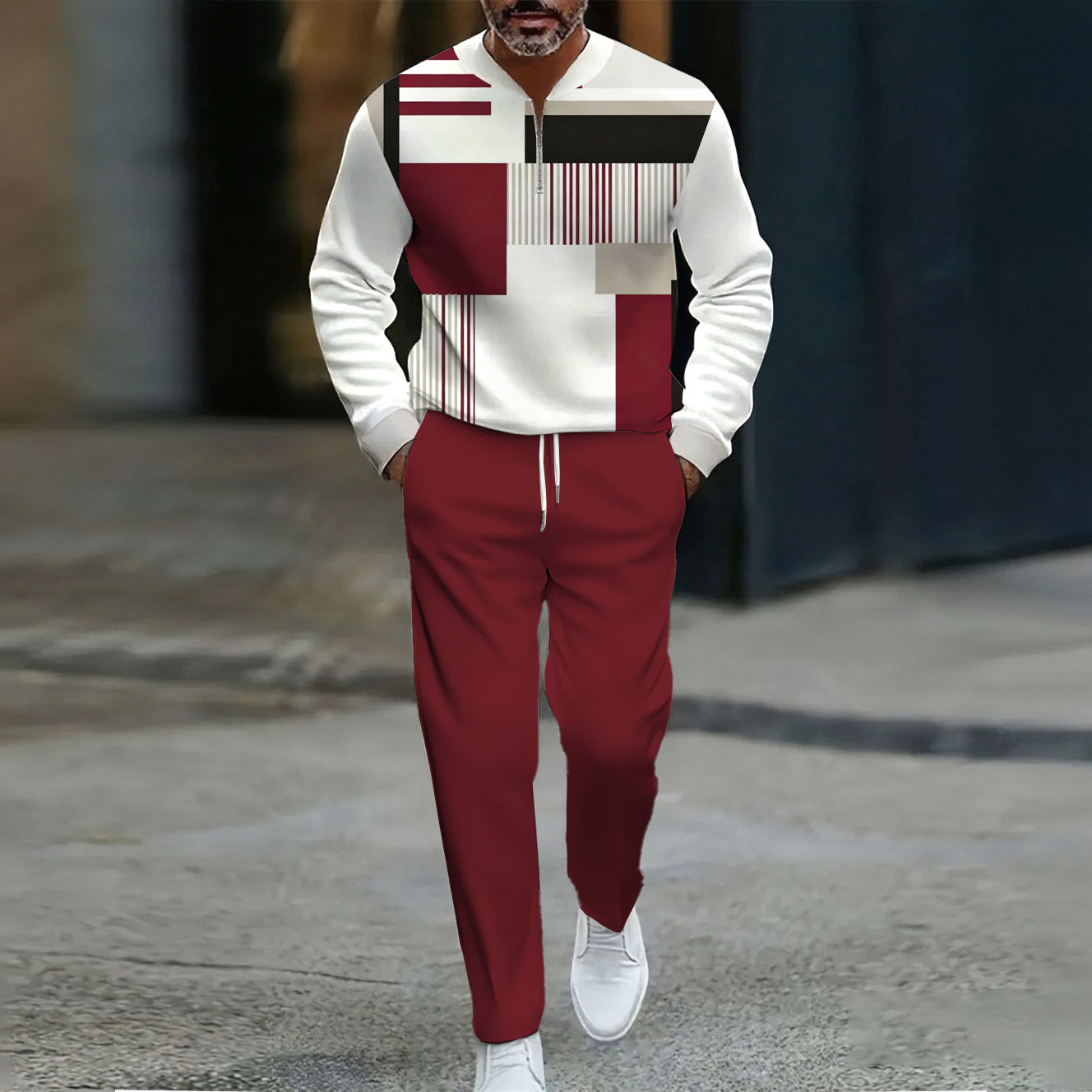 Conjunto de dos piezas casual Red & White Color Matching Geometric estampado Round Neck Zipper de manga larga sudadera & pantalón para hombre
