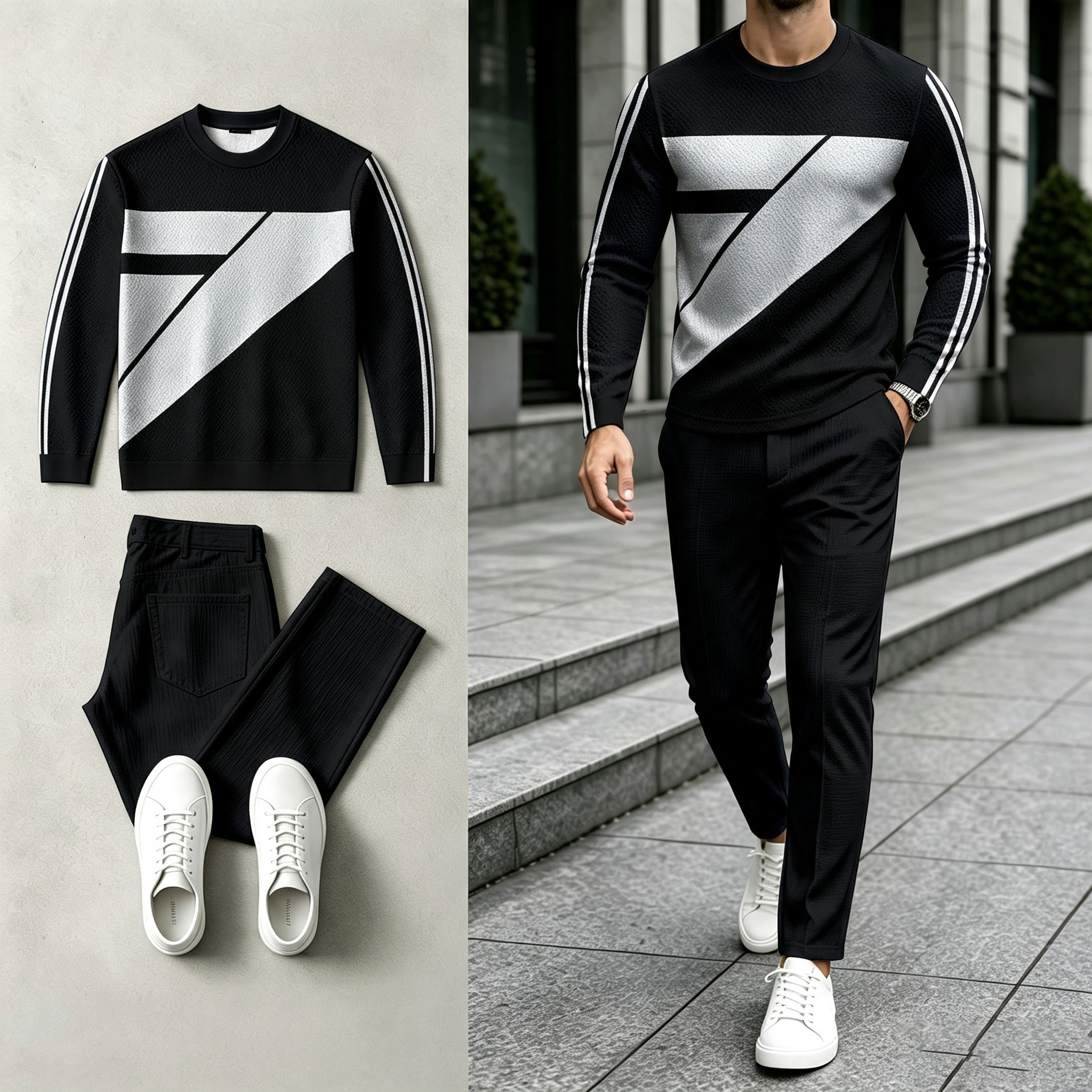 para hombre Color-Blocked Round-Neck Sweacamiseta and pantalón Set